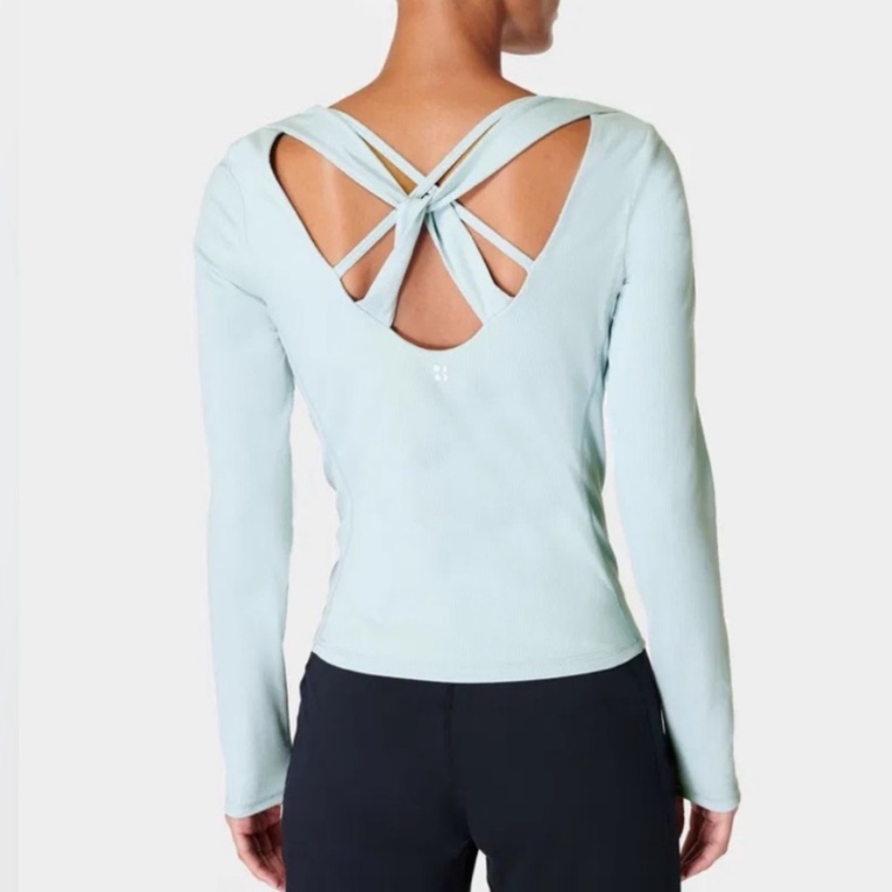 Sweaty Betty Blue Ribbed Super Soft Yoga Long Sleeve Top Size S/6
